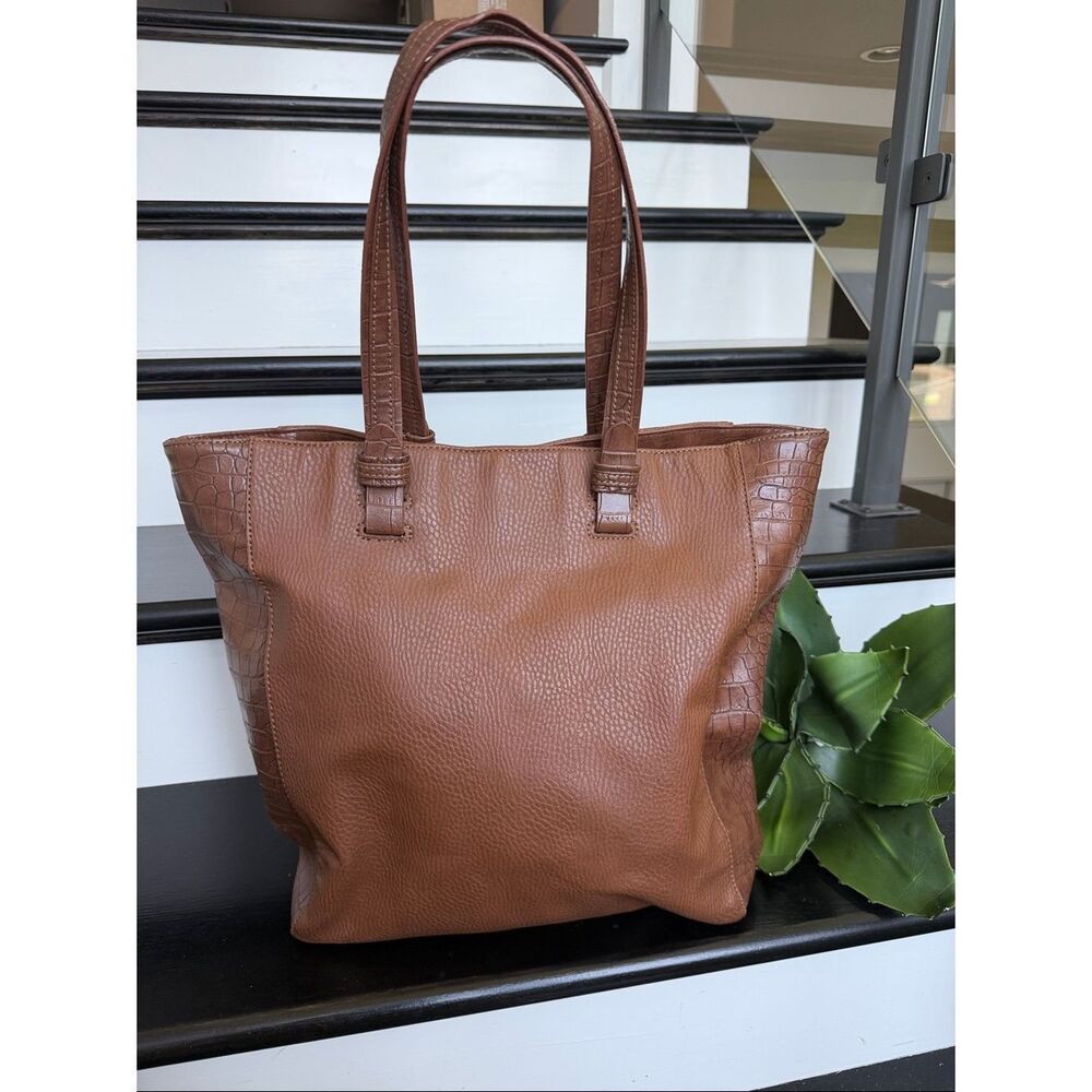Croft & Barrow vegan leather tote shoulder bag brown croc accent large purse